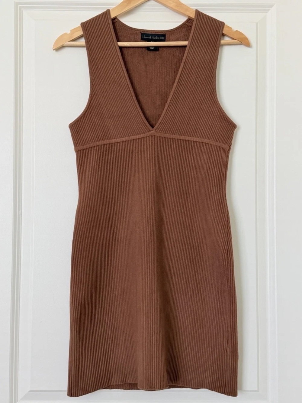 House of Harlow 1960 Ribbed V-Neck Midi Dress in Brown